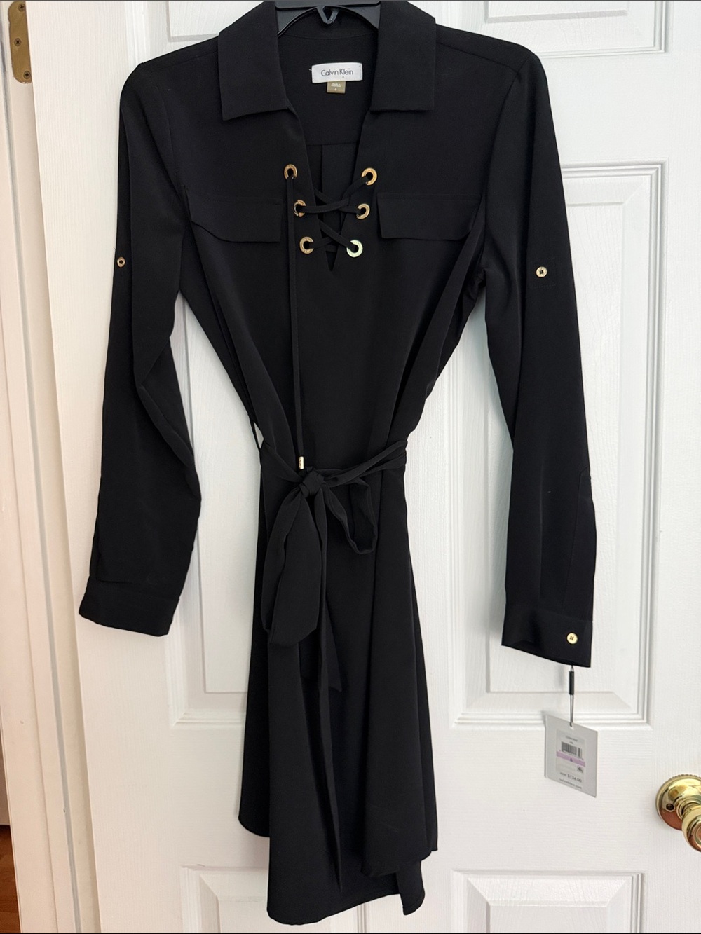 Calvin Klein Black Lace-Up Tie-Waist Long Sleeve Dress